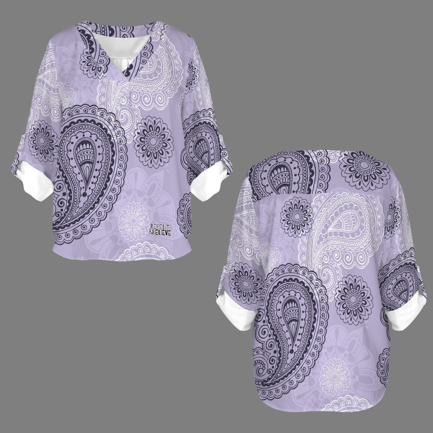 "Repent & Believe" Purple Black Women's V-Neck Cuffed Sleeve Blouse Tops