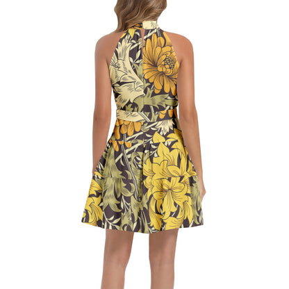 "Jesus Saves" Black & Yellow Ruffle Hem Belted Halter Dress