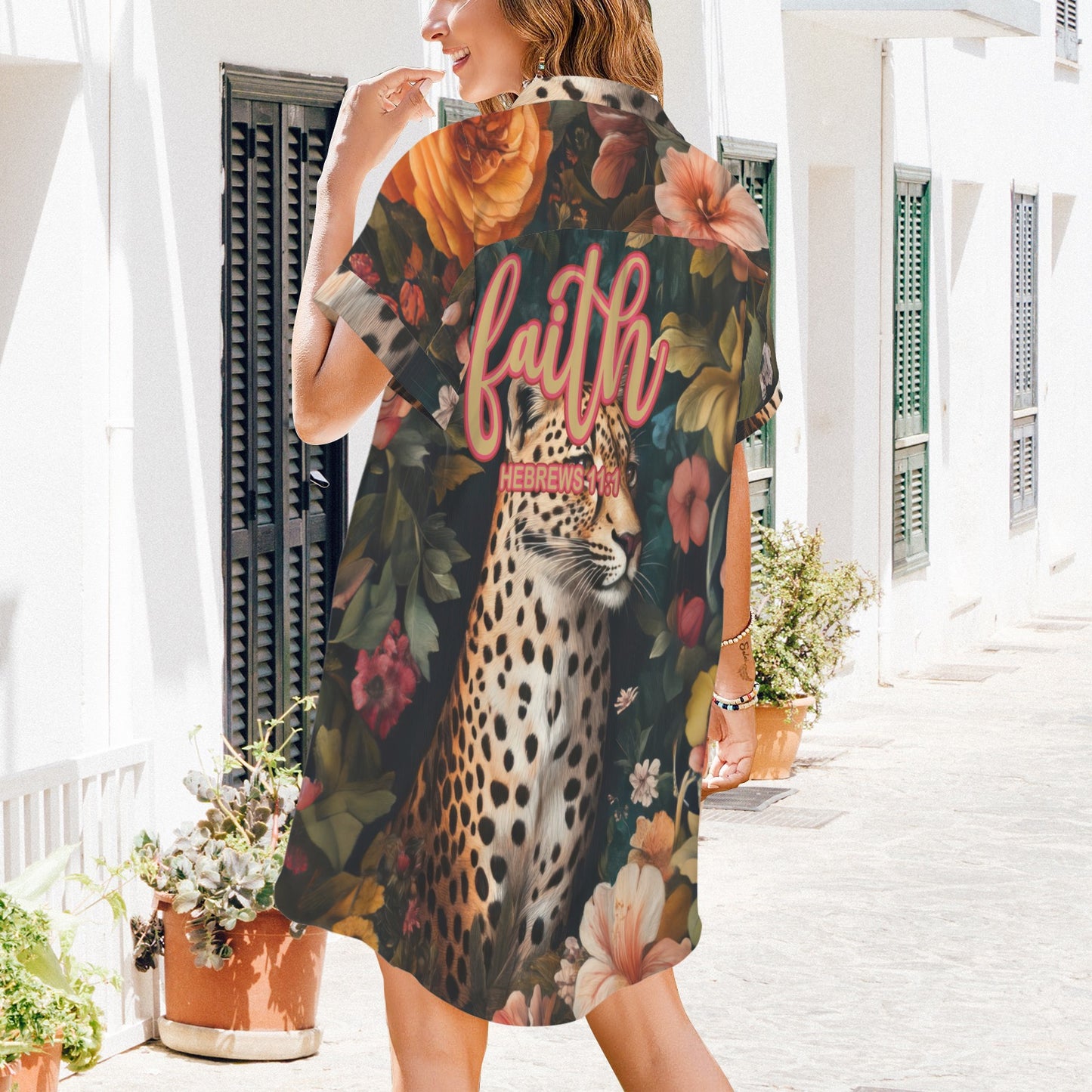 "Faith Hebrews 11:1" Leopard Floral Side Pocket Lapel Button Shirt Dress