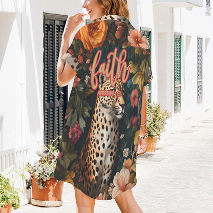 "Faith Hebrews 11:1" Leopard Floral Side Pocket Lapel Button Shirt Dress