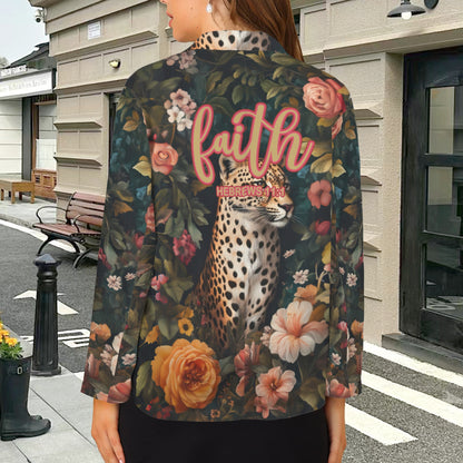 "Faith Hebrews 11:1" Leopard Floral Women's Open Front Casual Long Sleeve Blazer