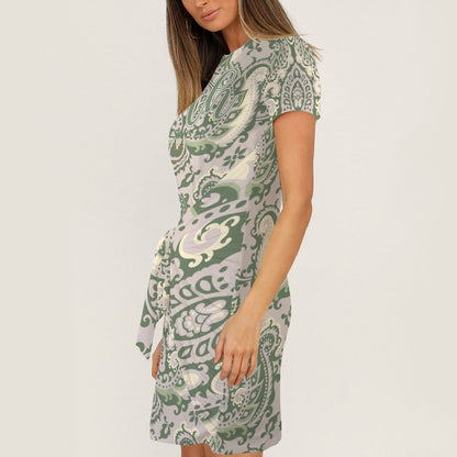"Faith Ephesians 2:8" Green Paisley Short Sleeve Wrap Bodycon Ruched Tie Waist Dress