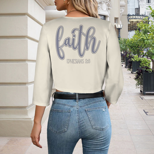 "Faith Ephesians 2:8" Antique White Women's Open Front Cropped Blazer