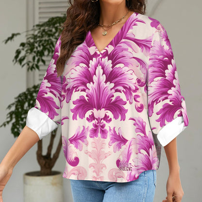 Repent & Believe Pink Damask Women's V-Neck Cuffed Sleeve Blouse Tops