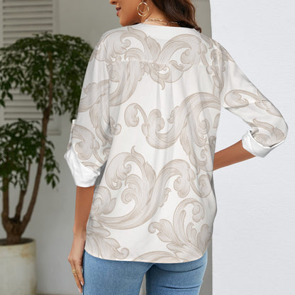 "Repent & Believe" Soft Griege Women's V-Neck Cuffed Sleeve Blouse Tops