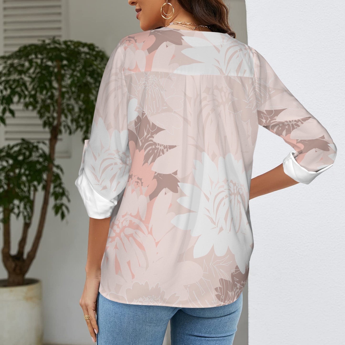 "Repent & Believe" Pink Floral Women's V-Neck Cuffed Sleeve Blouse Tops