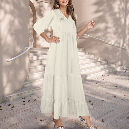 "Jesus" Text Antique White Women's V Neck Half Sleeve Maxi Dress