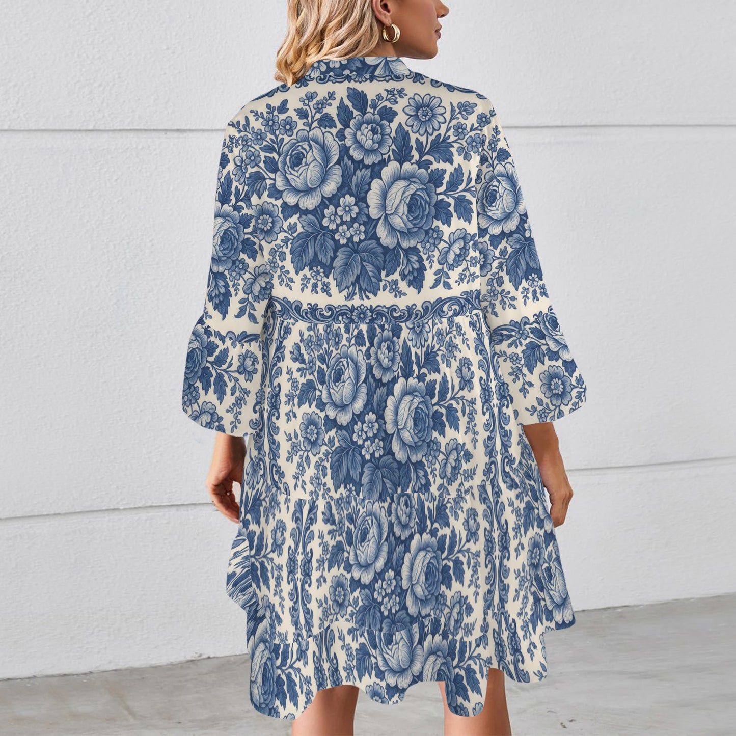 "Repent & Believe" Blue White Floral  Women's Flared Sleeve Button Tiered Shirt Dress