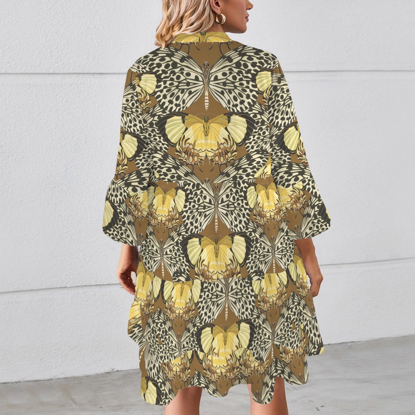 "Faith Ephesians 2 8" Butterfly Brown &Yellow Flared Sleeve Button Tiered Shirt Dress