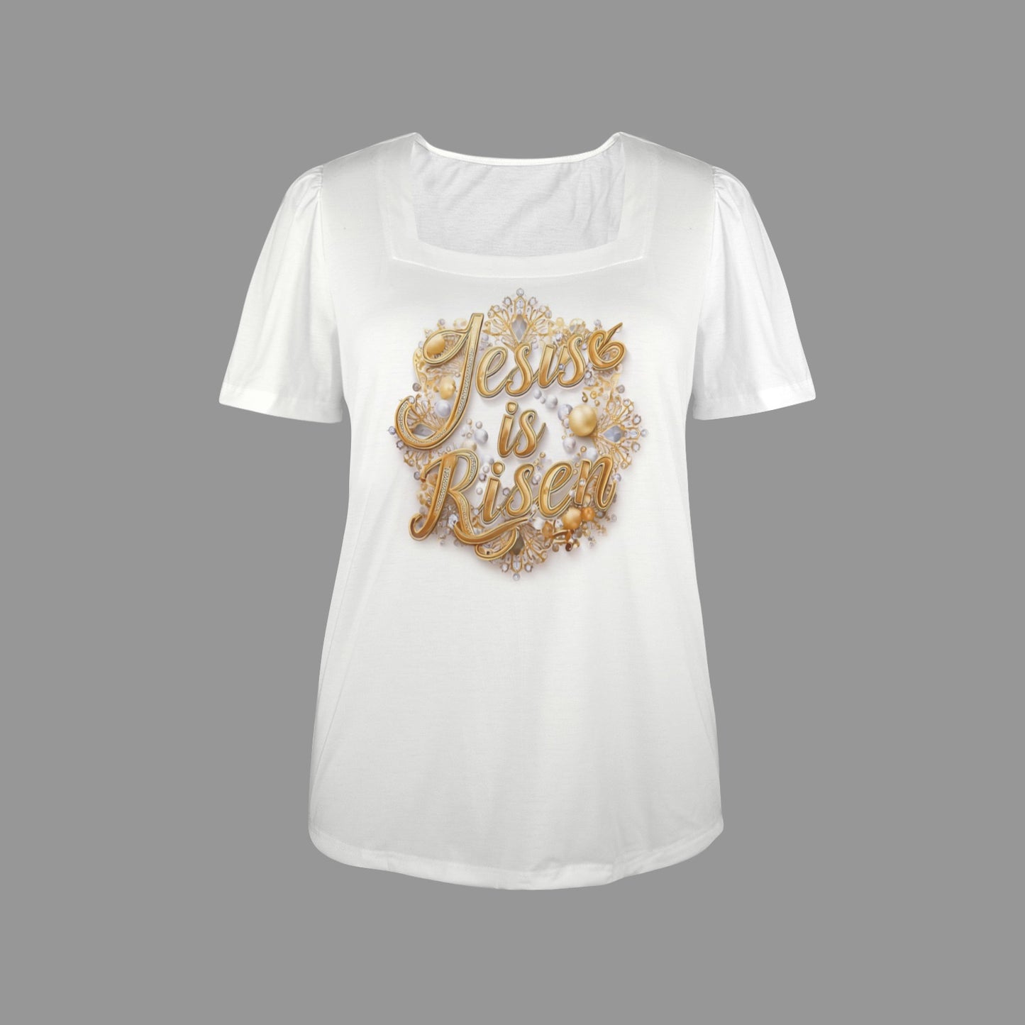 "Jesus is Risen" Gold & White Square Neck Short Sleeve T-Shirts