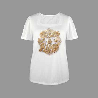 "Jesus is Risen" Gold & White Square Neck Short Sleeve T-Shirts