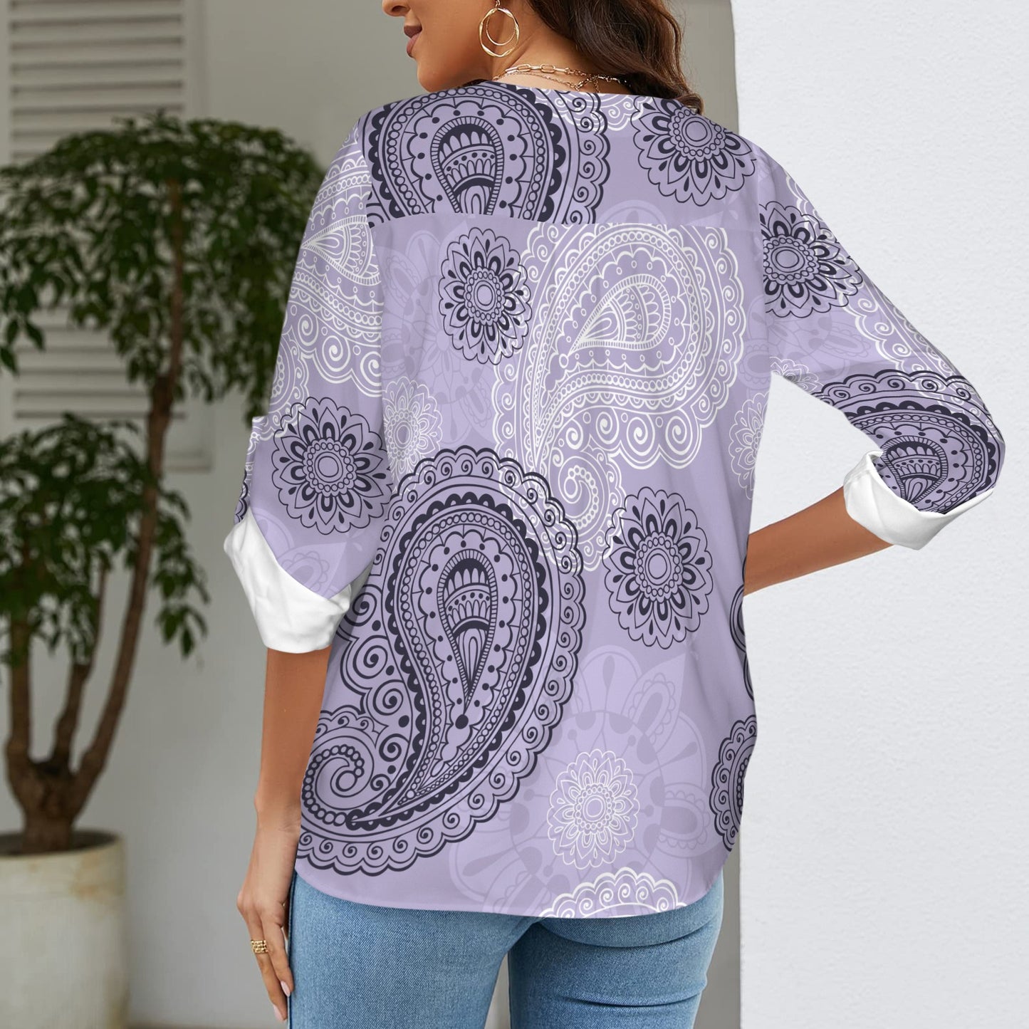 "Repent & Believe" Purple Black Women's V-Neck Cuffed Sleeve Blouse Tops