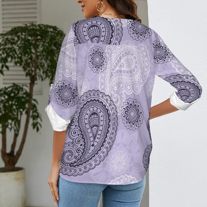 "Repent & Believe" Purple Black Women's V-Neck Cuffed Sleeve Blouse Tops