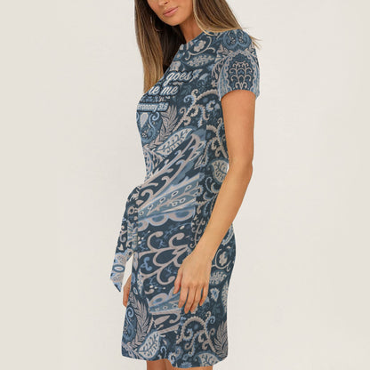 "My God goes before me" Blue Paisley Short Sleeve Wrap Bodycon Ruched Tie Waist Dress