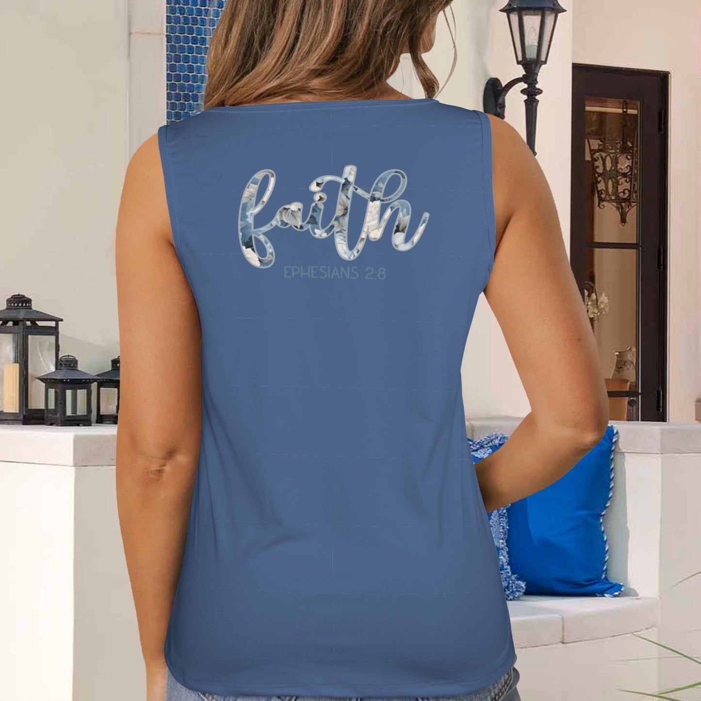 Faith blue Floral Text Women's V-Neck Sleeveless Tank Tops