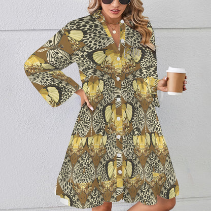 "Faith Ephesians 2 8" Butterfly Brown &Yellow Flared Sleeve Button Tiered Shirt Dress