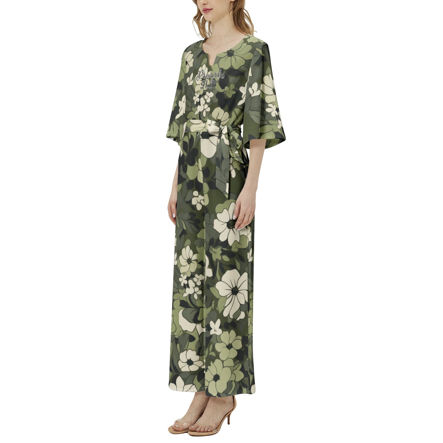 "Proverbs 21:31" Green Floral Dolman Sleeve Belted Wide Leg Jumpsuit