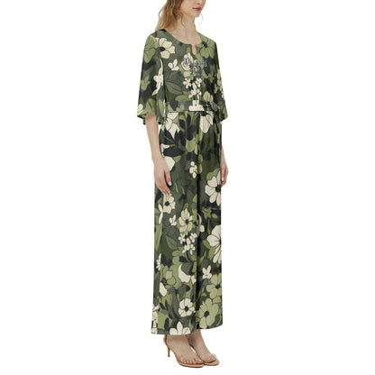 "Proverbs 21:31" Green Floral Dolman Sleeve Belted Wide Leg Jumpsuit