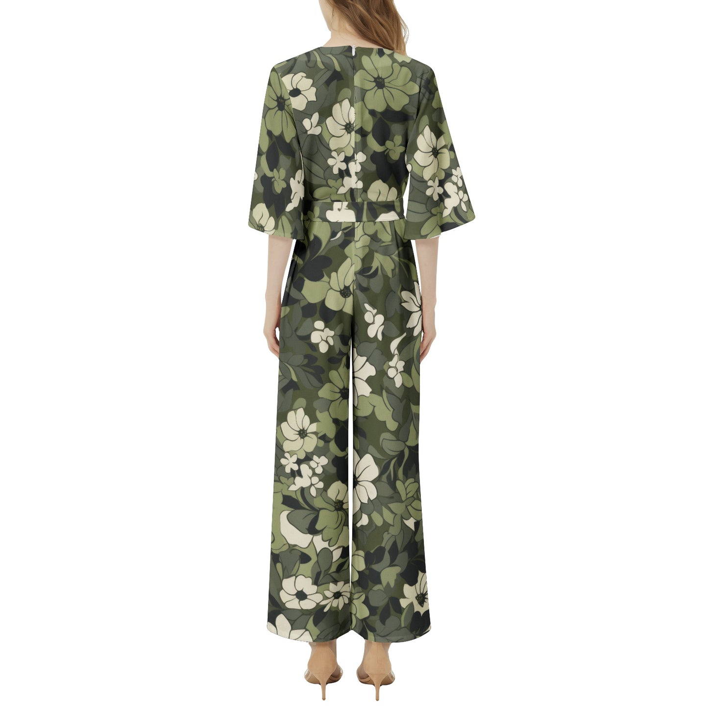 "Proverbs 21:31" Green Floral Dolman Sleeve Belted Wide Leg Jumpsuit