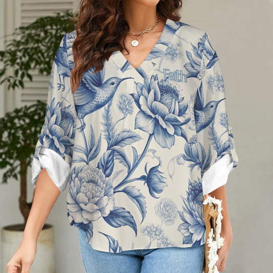 "Faith" Blue & White Birds & Floral