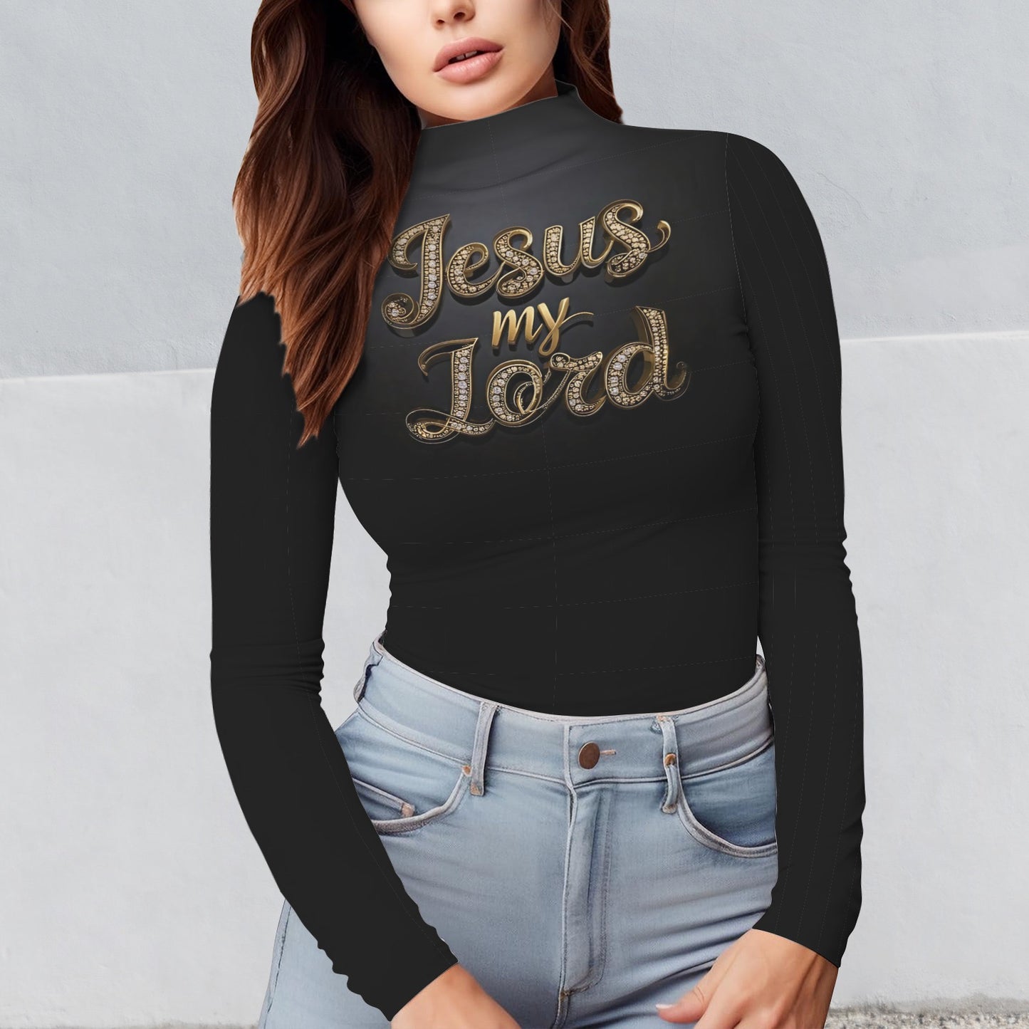 Jesus my Lord Black & Gold Women's Turtleneck Slim Long Sleeve T-Shirt