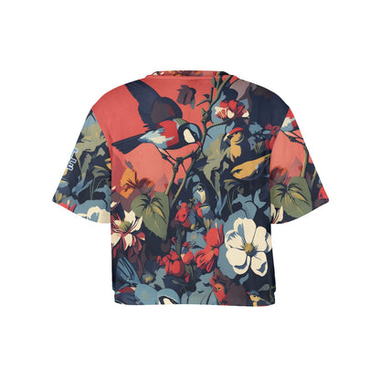 "Repent & Believe" Blue Green Bird floral Women's Short Sleeve Cropped Crew Neck T-Shirt