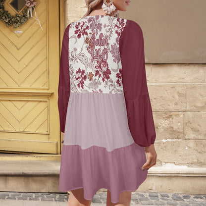 "John 14:6" Red & White Floral Print on Solid Women's V Neck Loose Fit Dress