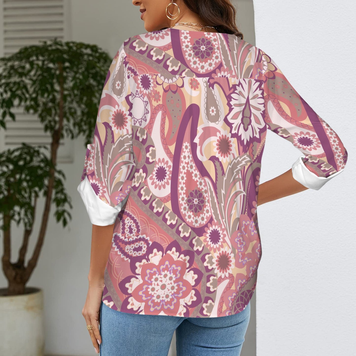 "Repent & Believe" Pink Paisley Women's V-Neck Cuffed Sleeve Blouse Tops