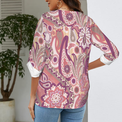"Repent & Believe" Pink Paisley Women's V-Neck Cuffed Sleeve Blouse Tops