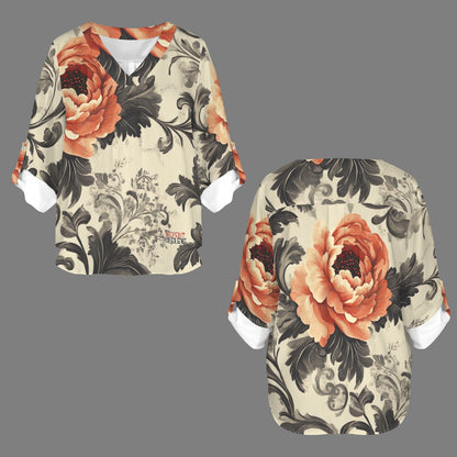 "Repent & Believe" Orange Gray Floral Women's V-Neck Cuffed Sleeve Blouse Tops