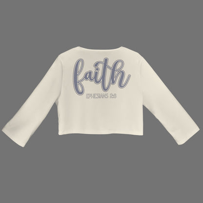 "Faith Ephesians 2:8" Antique White Women's Open Front Cropped Blazer