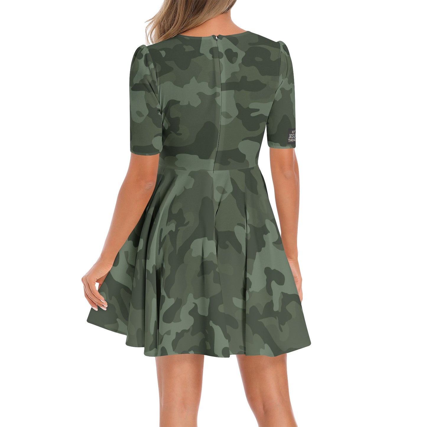 "God's Girl" Green Camo Short Sleeve Ruched Bust Flared Hem Dress