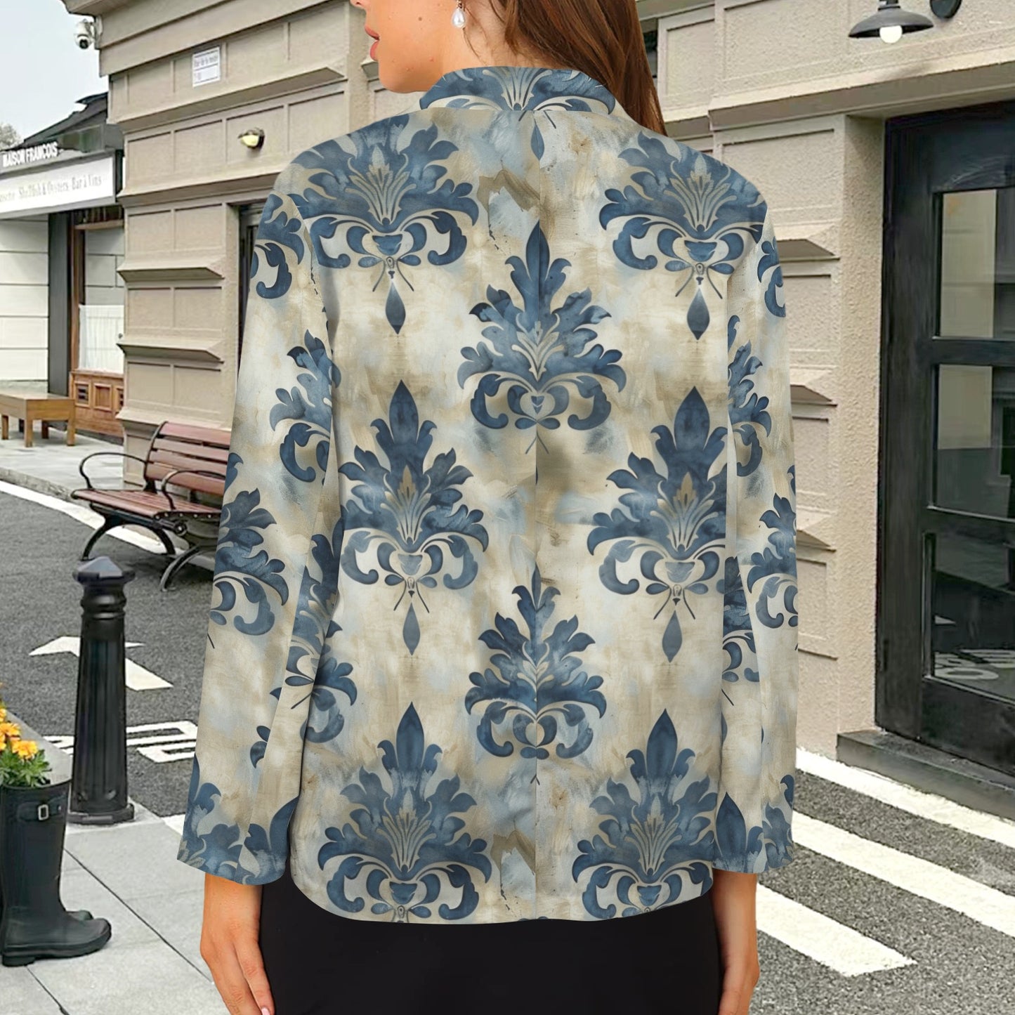 "Faith Ephesians 2:8" Faux Distressed Blue Damask Women's Open Front Casual Long Sleeve Blazer