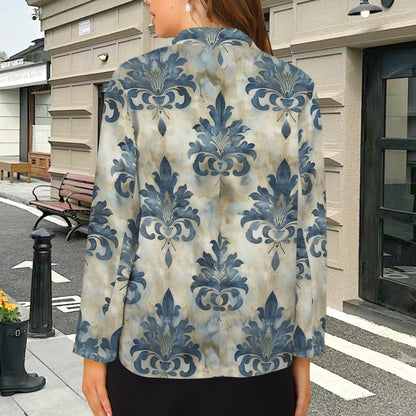 "Faith Ephesians 2:8" Faux Distressed Blue Damask Women's Open Front Casual Long Sleeve Blazer