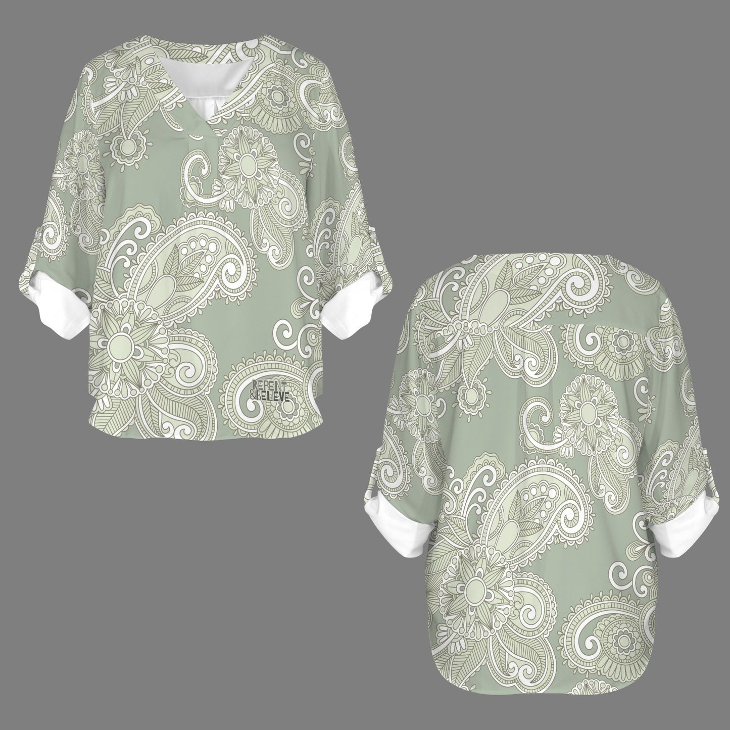 "Repent & Believe" Green Paisley Women's V-Neck Cuffed Sleeve Blouse Tops