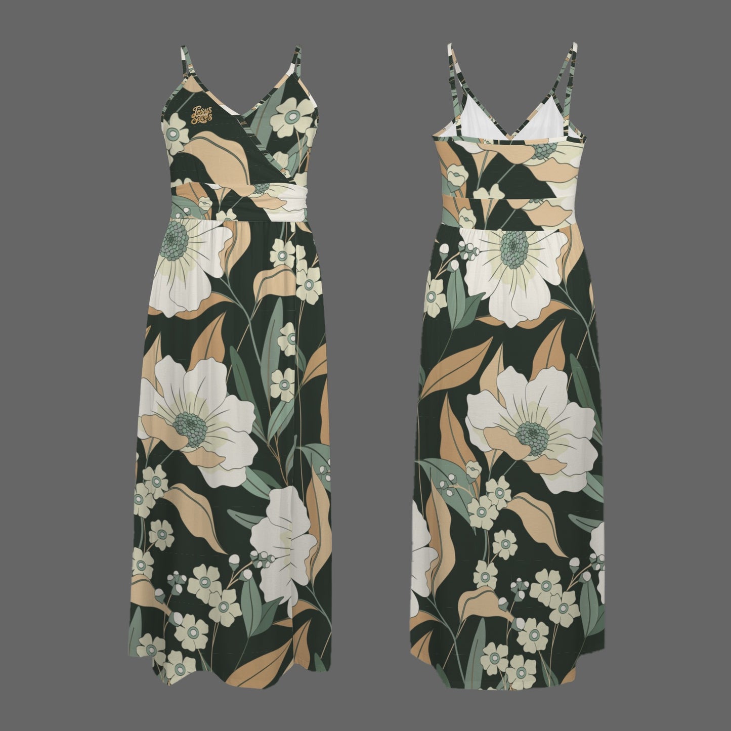 "Jesus Saves" Green & White Floral Women's Spaghetti Strap V Neck Split Maxi Dress