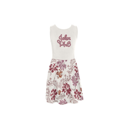 "John 14:6" Red & White Floral Women's Sleeveless Scoop Neck Flared Dress