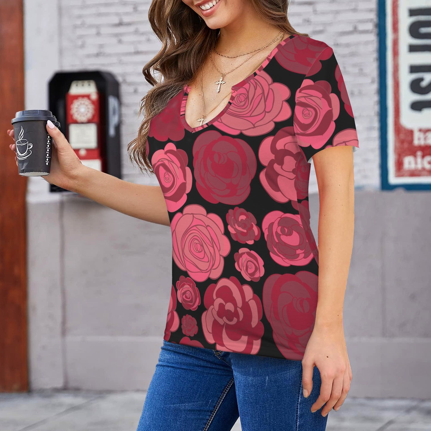 "Repent & Believe" Black Pink Red Rose, Women's Low Neck Short Sleeve T-Shirts