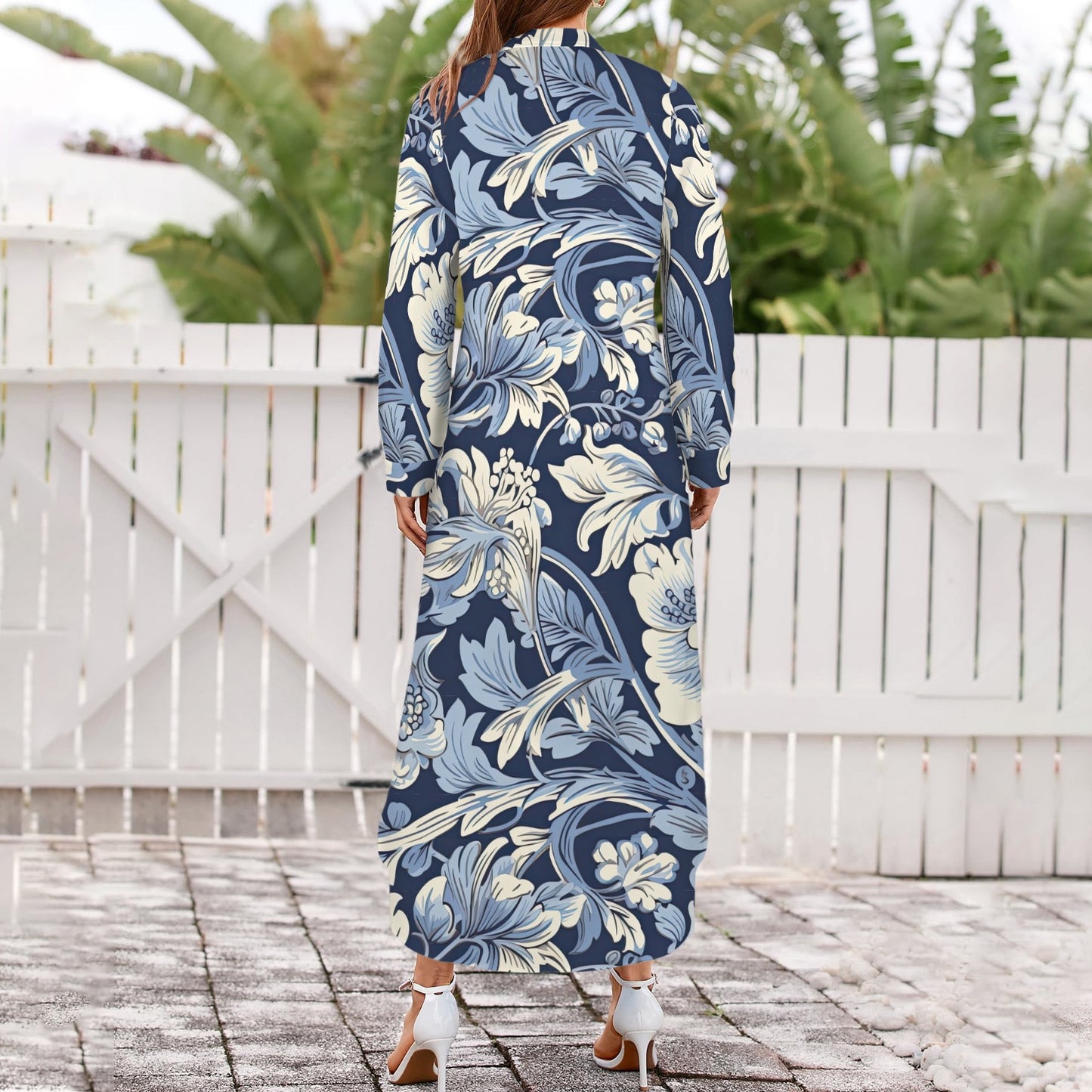 Jesus Saves Blue Floral Women's Button Long Sleeve Shirt Dress