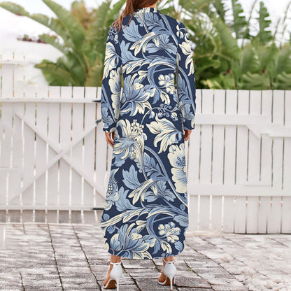 Jesus Saves Blue Floral Women's Button Long Sleeve Shirt Dress