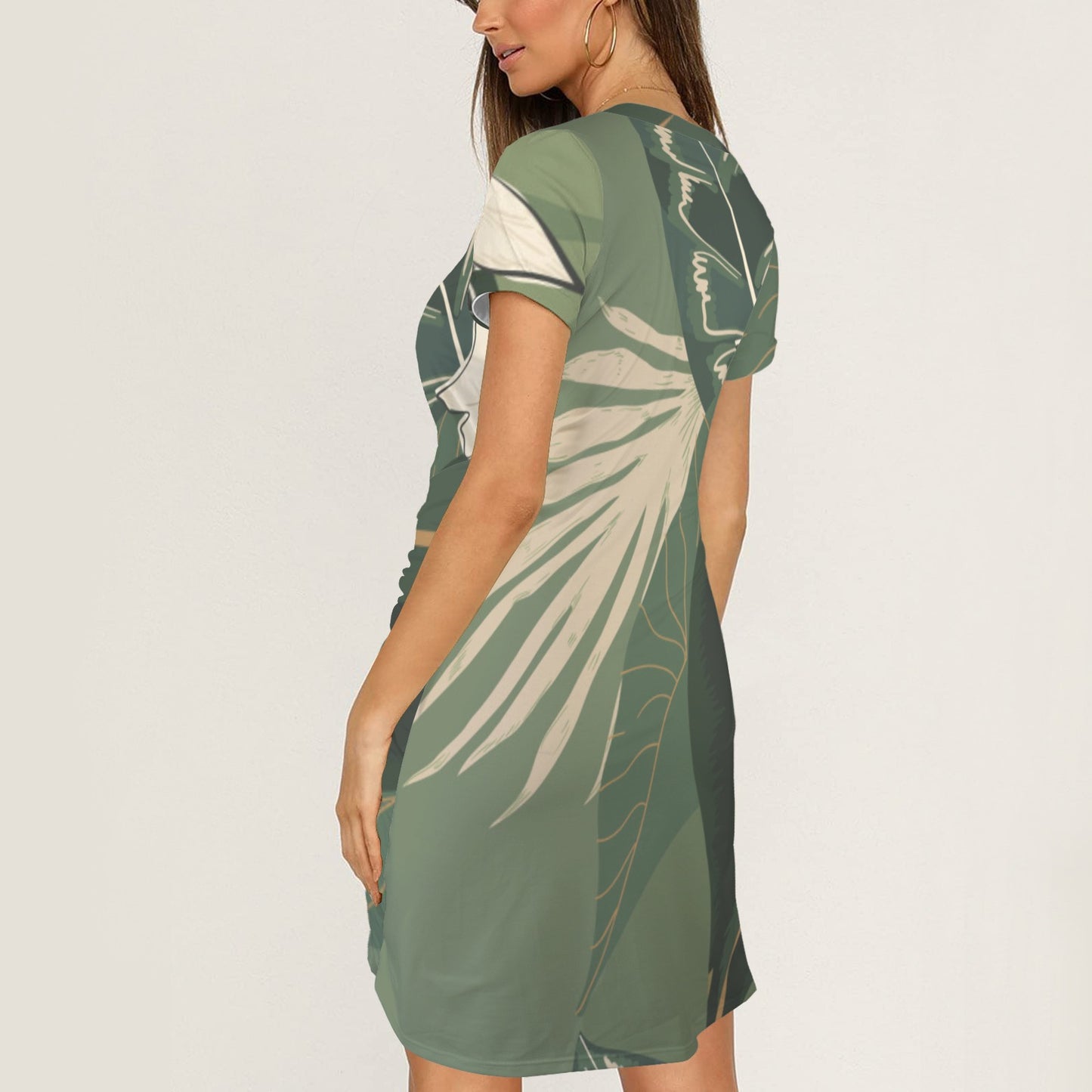 Repent & Believe Green Leaf. Short Sleeve Wrap Bodycon Ruched Tie Waist Dress