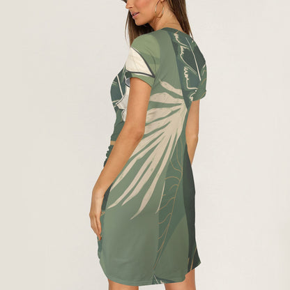 Repent & Believe Green Leaf. Short Sleeve Wrap Bodycon Ruched Tie Waist Dress