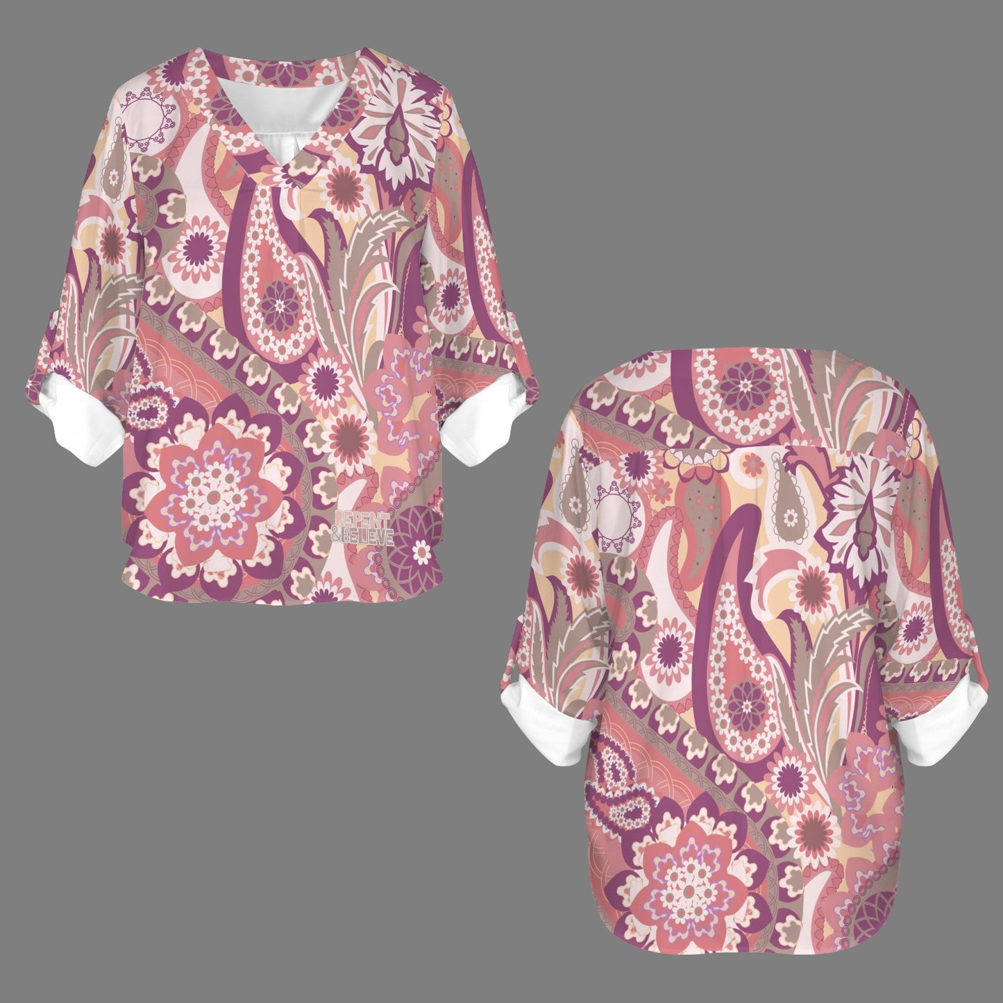 "Repent & Believe" Pink Paisley Women's V-Neck Cuffed Sleeve Blouse Tops