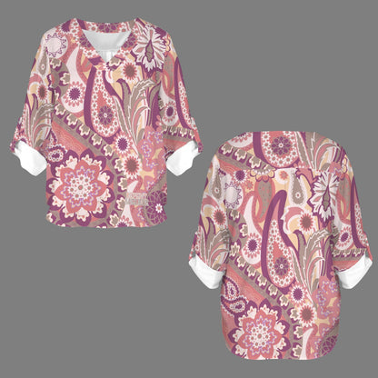 "Repent & Believe" Pink Paisley Women's V-Neck Cuffed Sleeve Blouse Tops