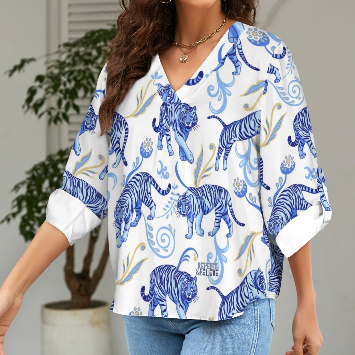 "Repent & Believe" Blue Tigers Women's V-Neck Cuffed Sleeve Blouse Tops
