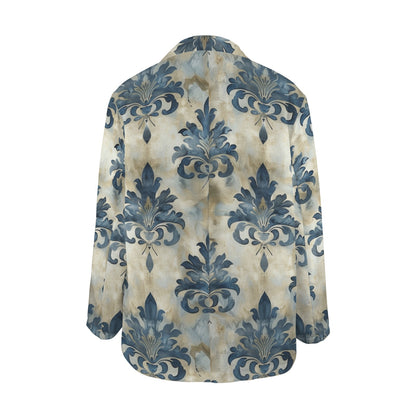 "Faith Ephesians 2:8" Faux Distressed Blue Damask Women's Open Front Casual Long Sleeve Blazer