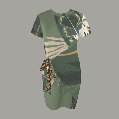 Repent & Believe Green Leaf. Short Sleeve Wrap Bodycon Ruched Tie Waist Dress