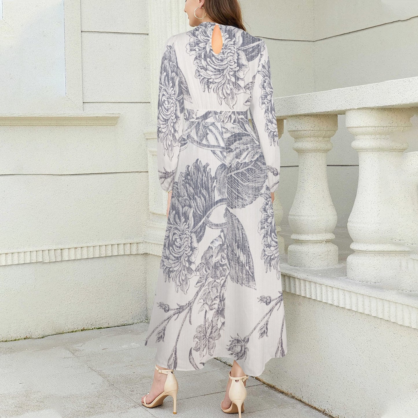 "Faith Ephesians 2:8" Faux Texture Floral Round Neck Long Sleeve Belted Maxi Dress