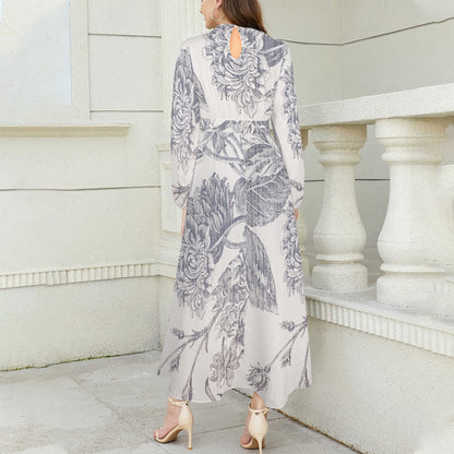 "Faith Ephesians 2:8" Faux Texture Floral Round Neck Long Sleeve Belted Maxi Dress