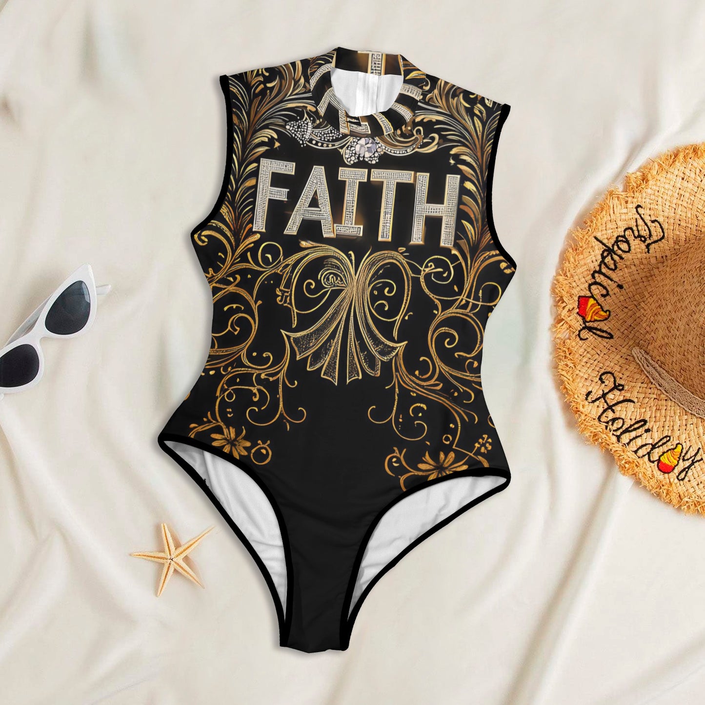 Faith Black & Gold Scrolls Women's Zip One Piece Swimsuit